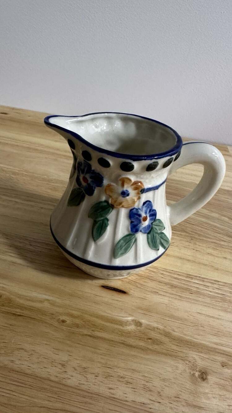 Cream And Blue Floral Ceramic Mini Pitcher Made In Japan